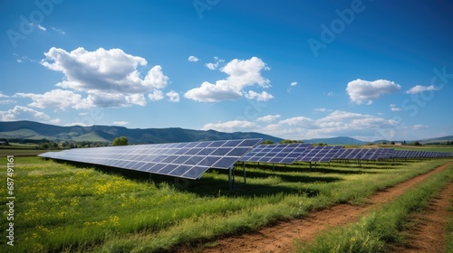 photovoltaic big solar panels in countryside in sunset, green energy concept, Generative AI