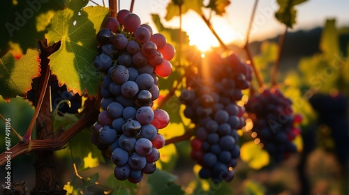 Grapes growing in a vineyard during sunset