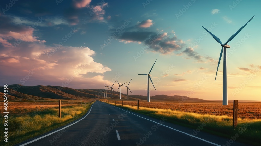 Long road on wind turbines produce electricity filed, Renewable green energy, save world concept, Generative AI