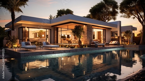 The outside of a modern minimalist villa featuring © ProVector