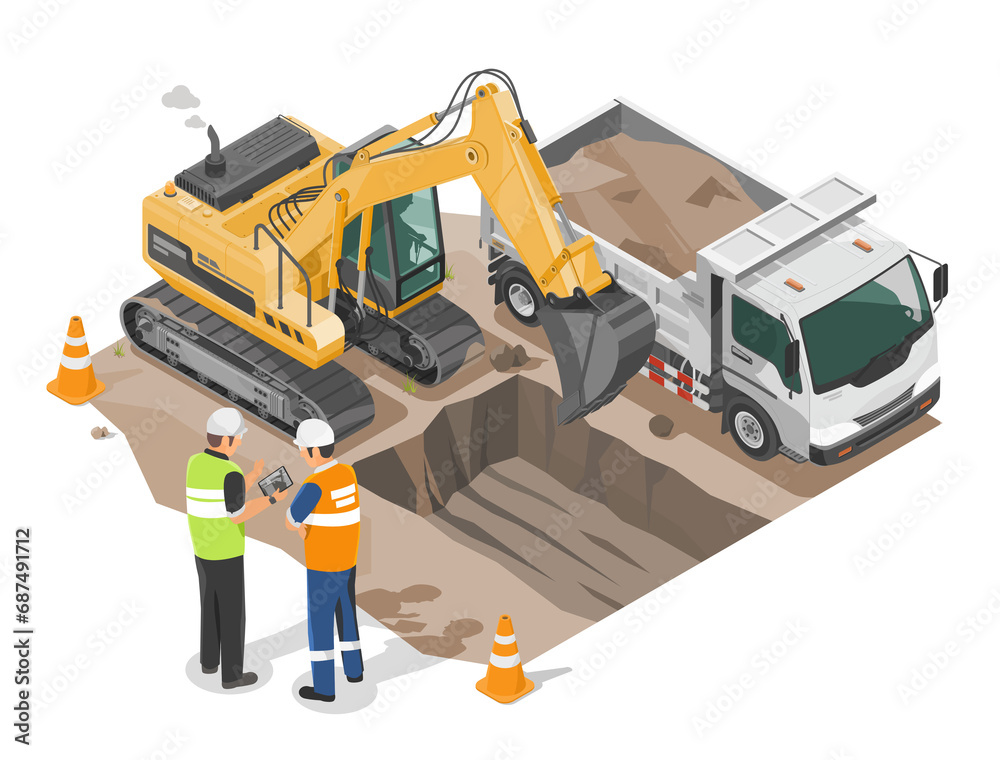 backhoe working at construction site with dump truck isometric and enginneer working with worker islolated cartoon - obrazy, fototapety, plakaty 