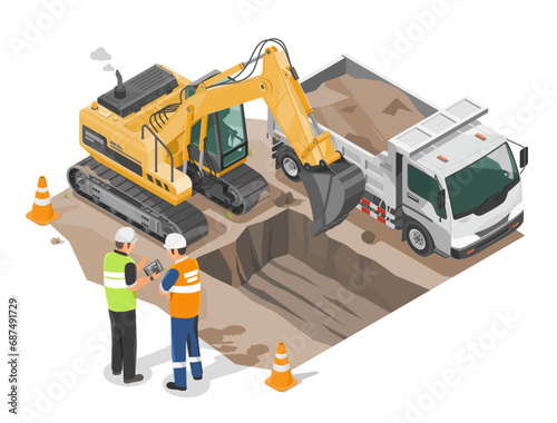 backhoe working at construction site with dump truck isometric and enginneer working with worker islolated cartoon vector