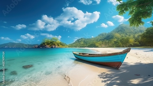 Canoe on the tropical sandy beach. Beautiful summer landscape of tropical island with boat in ocean. Transition of sandy beach into turquoise water. 