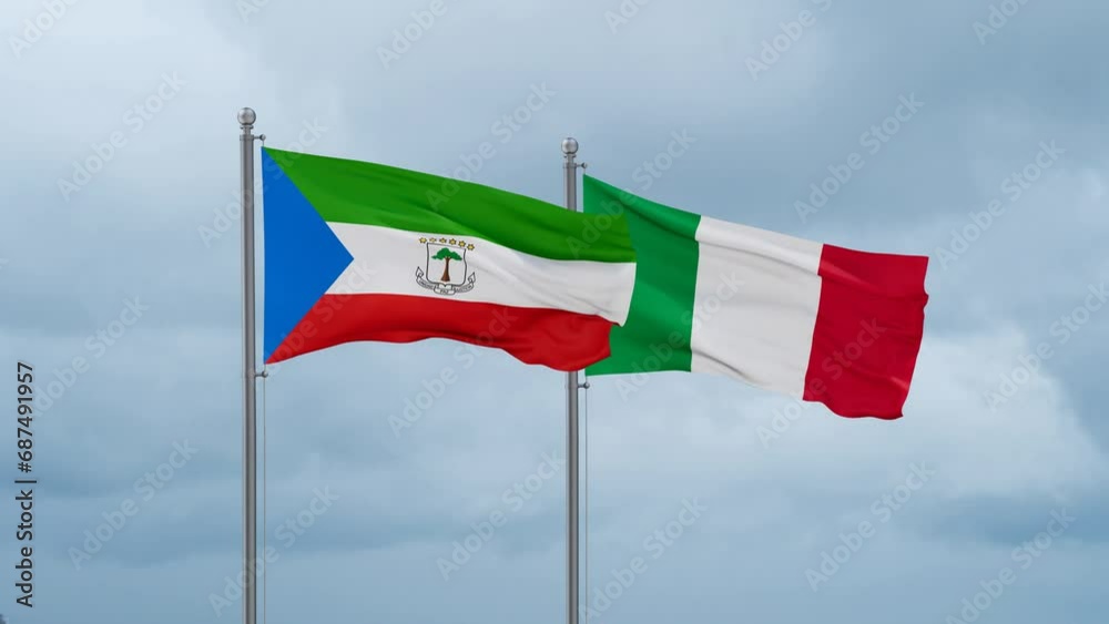 Italy and Equatorial Guinea flag waving together on cloudy sky, endless seamless loop, two country cooperation concept Italy and Equatorial Guinea flag waving together on cloudy sky, endless seamless loop, two country cooperation concept
