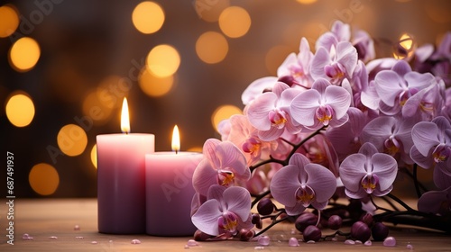 Orchid flowers adorning a lit candle isolated