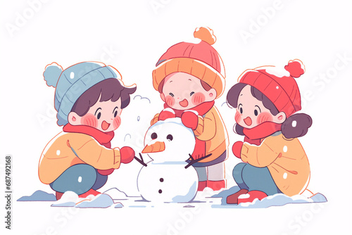 Concept illustration of the scene of heavy snowfall during the 24th solar term, with children playing in the snow making snowmen