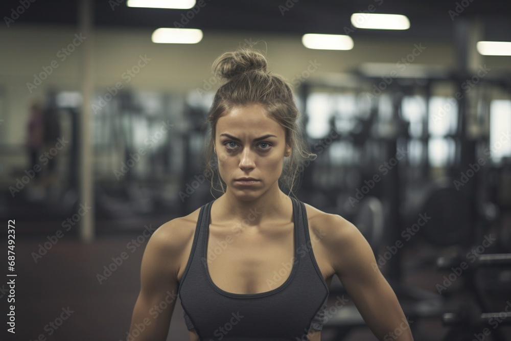 Face of Perseverance: Young Woman in Gym Exhibits Determination and Vitality in Close-Up View Face of Perseverance: Young Woman in Gym Exhibits Determination and Vitality in Close-Up View