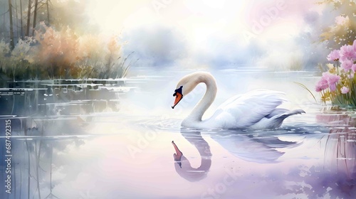 Fototapeta Naklejka Na Ścianę i Meble -  watercolor of swan gliding on a lake