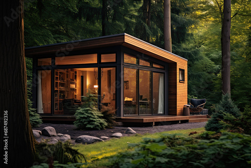 tiny house design in the woods. small wooden cabin house photo