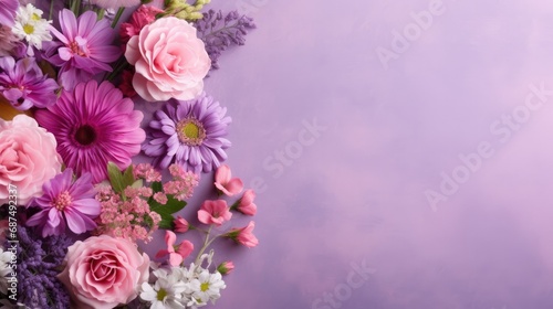 Blooming pink spring flowers on purple table with copy space