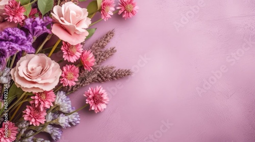 Abstract floral backdrop of pink flowers for spring or summer time. Banner background with copy space. 
