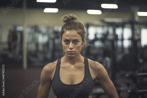 Face of Perseverance: Young Woman in Gym Exhibits Determination and Vitality in Close-Up View