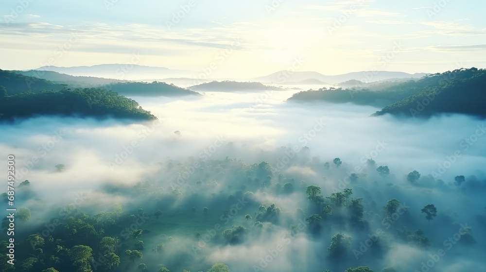 Fog and morning light in the jungle. Beautiful foggy morning Landscape. aerial view