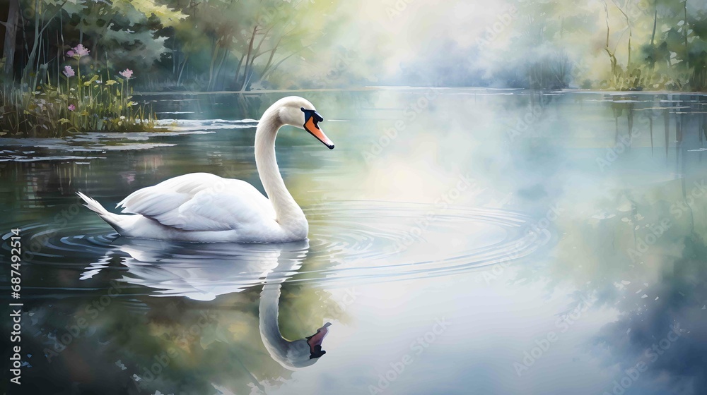 watercolor of swan gliding on a lake watercolor of swan gliding on a lake