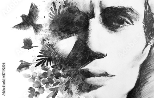 A surreal black and white paintography male portrait