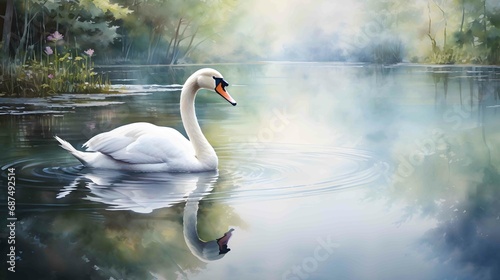 watercolor of swan gliding on a lake