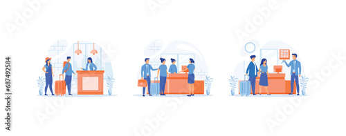 Receptionist job. Receptionist welcomes the guest. Hotel scene with couple registration. Set flat vector modern illustration 