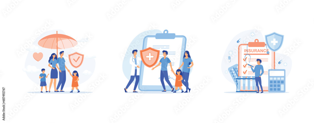 Health and life insurance concept,  Doctor and Patients in Hospital filling Health, Man fills out health insurance. Health Insurance set flat vector modern illustration 