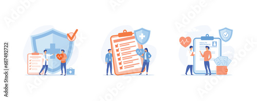 Health Insurance concept, Big clipboard with document, doctor and patient. set flat vector modern illustration