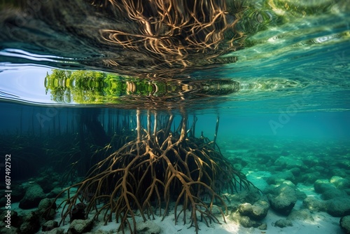 Mangrove trees roots, above and below the water in the Caribbean sea photo
