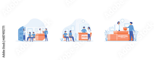 Hospital reception, Patients at a hospital reception desk registering, Man asks a question to the hospital register office. Hospital receptionist set flat vector modern illustration
