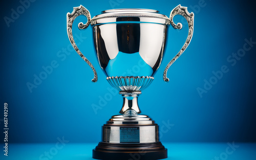 Elegant silver trophy cup on blue background, symbol of victory, achievement in sports or corporate world, recognition of success and excellence
