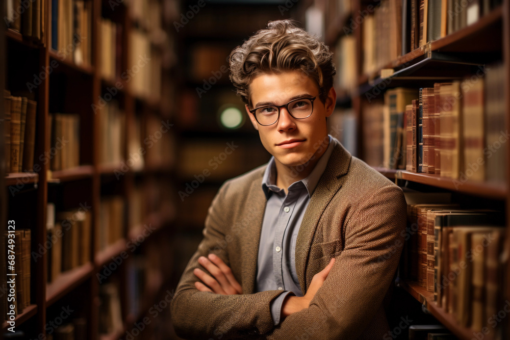 portrait in a library setting, reflective student surrounded by towering bookshelves, holding a favorite novel portrait in a library setting, reflective student surrounded by towering bookshelves, holding a favorite novel