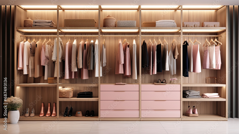 modern contemporary closet with brown wooden shelves. stylish and luxurious closet wardrobe