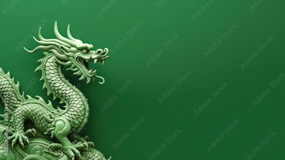 Obraz premium Traditional Asian dragon on green background with copy space. 2024 Chinese New Year zodiac sign.