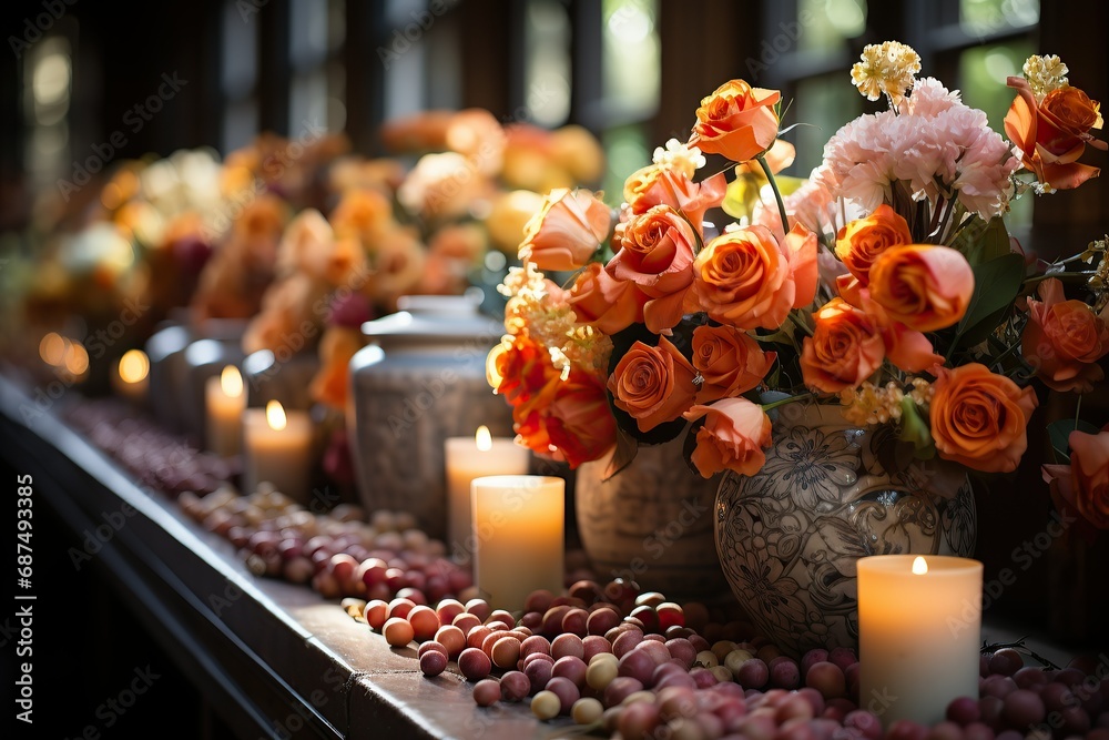 Candles cast a serene ambiance across a floral arrangement, nestled among spheres of muted tones
