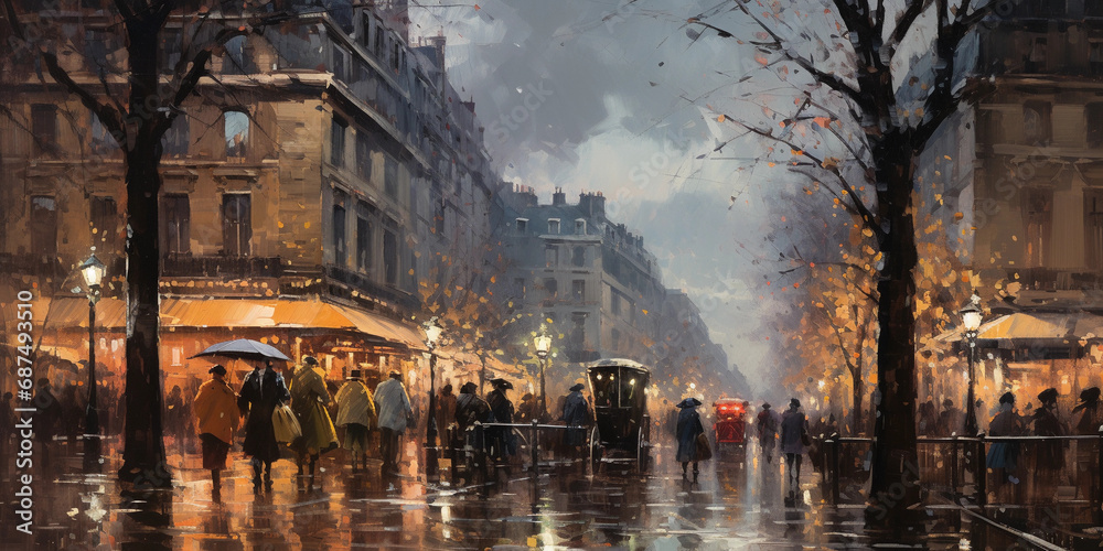 Portrait of a street scene at dusk, bustling city life, soft focus, Parisian ambiance, warm glowing street lamps