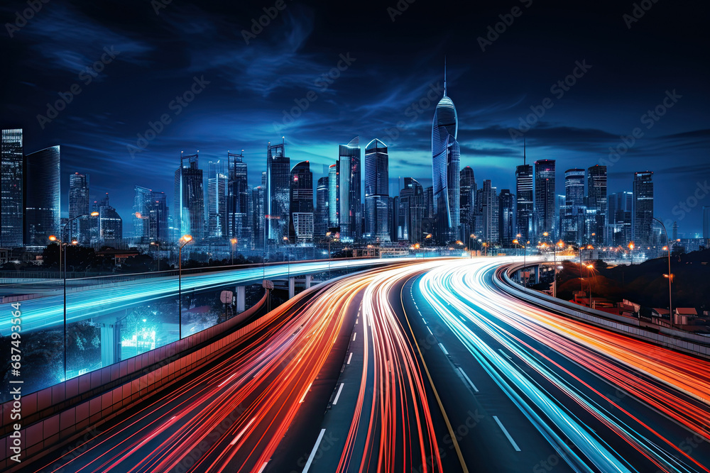 long exposure traffic light trails on an urban highway at night. busy urban highway with cityscape