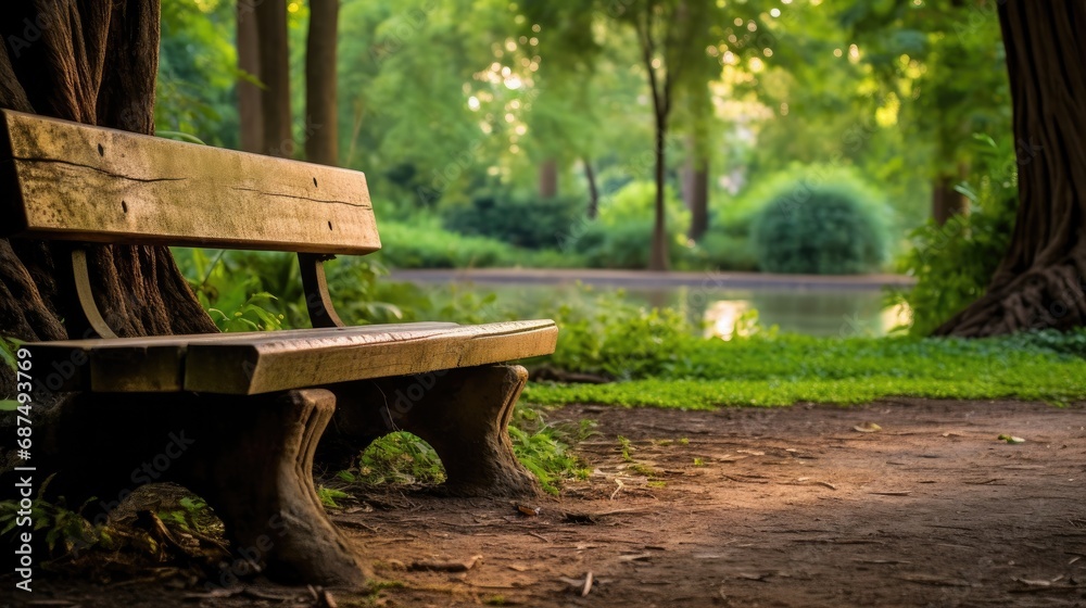 Naklejka premium In the old wood park a natural and relaxing outdoor bench sits amidst the green garden providing a fresh air experience and a green park background for those seeking solace in nature