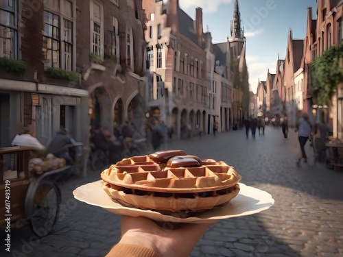 Tourist holds in hand popular street food - Belgium tasty waffle with chocolate sauce on the background of city tourist streets of Bruges, Belgium, Europe. Generative AI © Royalty-Free