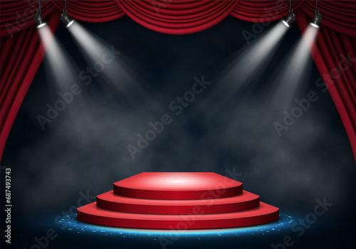 Red podium with smoke illuminated by spotlights. Empty pedestal for award ceremony. Vector illustration.