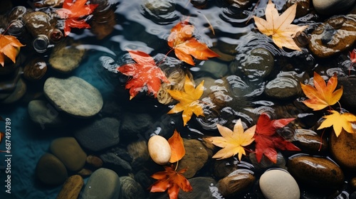 Flat lay of autumn leaves in a stream
