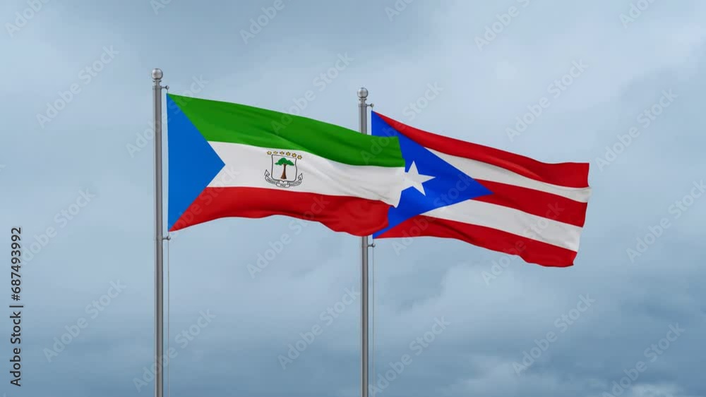 Puerto Rico and Equatorial Guinea flag waving together on cloudy sky, endless seamless loop, two country cooperation concept Puerto Rico and Equatorial Guinea flag waving together on cloudy sky, endless seamless loop, two country cooperation concept