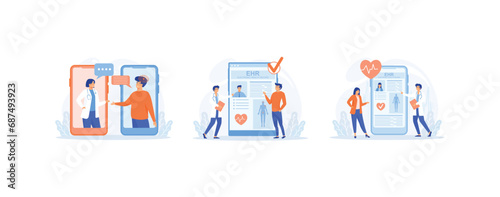 Electronic healthcare, healthcare app, doctor reading medical. Electronic healthcare set flat vector modern illustration 