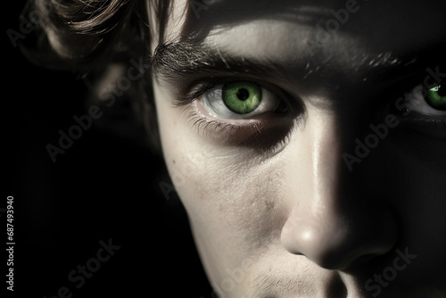 portrait, half-face in shadow, vibrant green eyes, black and white contrast