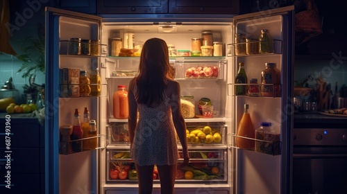 Young woman opening her refrigerator door at night photo