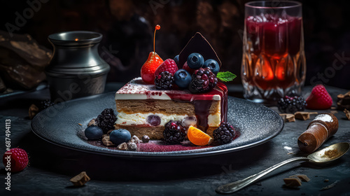 Exquisite Fine Dining Dessert Concept  A Luxurious Dish in Dark Background  Colorful and Yummy Desserts as Artful Decorations