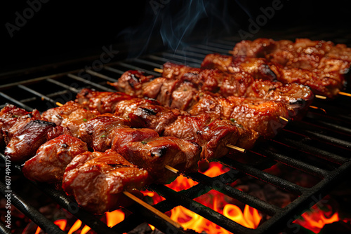 skewers of meat being cooked on a grill. gourmet grilled meat skewers
