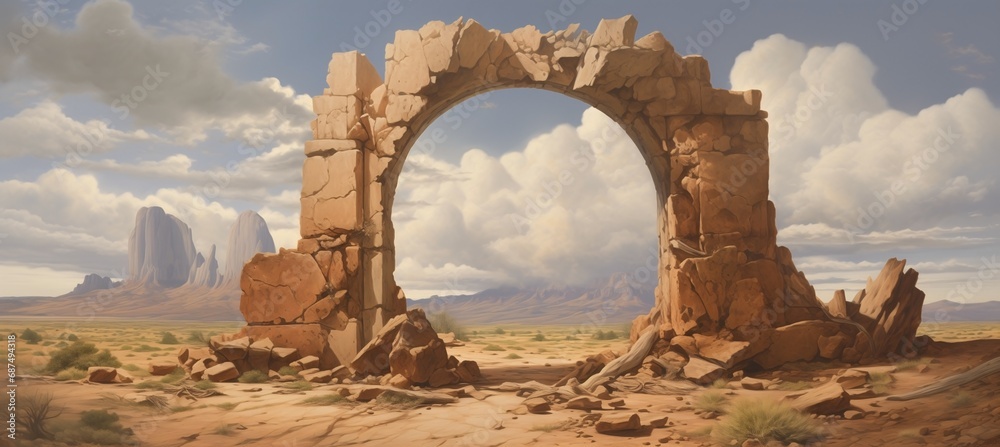 Ancient sandstone portal rift ruins gateway located in a remote part of a vast dry desert landscape - mysterious origins - lost annunaki alien technology - science fiction inspired painting.  - obrazy, fototapety, plakaty 