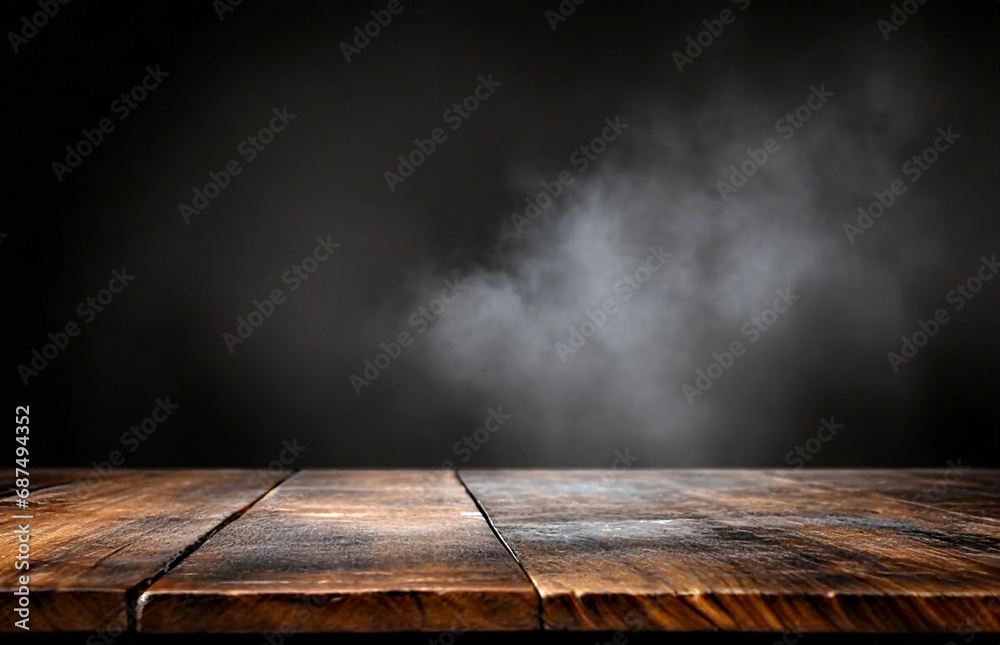Old wooden table with smoke on dark background Old wooden table with smoke on dark background