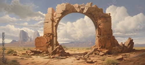 Ancient sandstone portal rift ruins gateway located in a remote part of a vast dry desert landscape - mysterious origins - lost annunaki alien technology - science fiction inspired painting.  photo