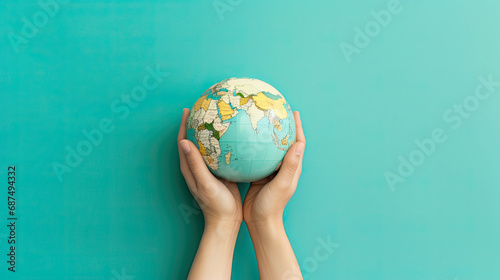 top view hand holding world globe on a green background with copy space