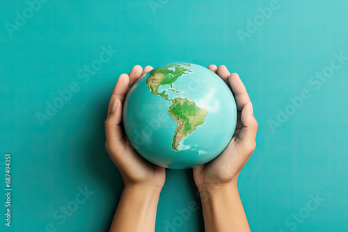 top view hand holding world globe on a green background with copy space