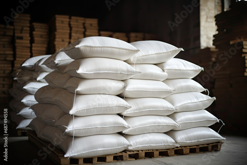 pile of white sacks of rice in a warehouse. warehouse storage white sacks for factory