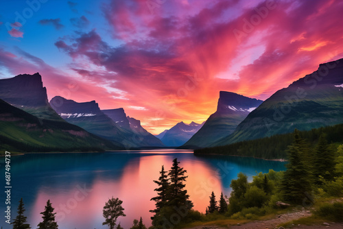 Beautiful colorful sunset over St. Mary Lake and wild goose island in Glacier national park photo