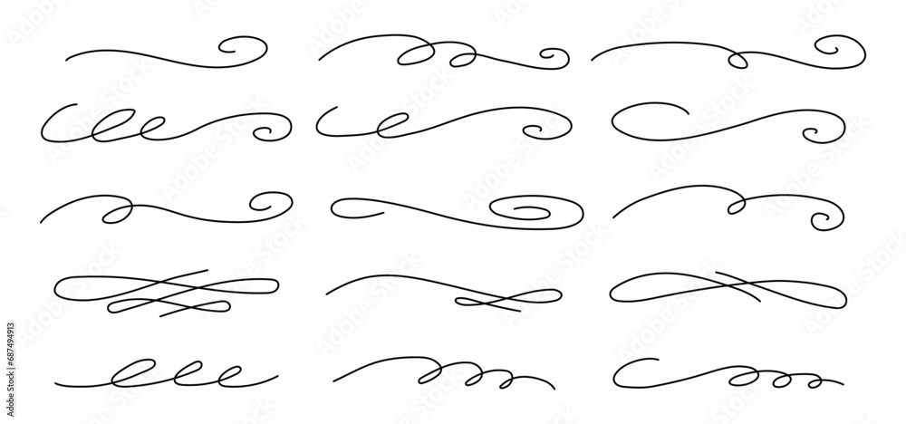 Hand drawn curly thin swishes set. Vector highlight text elements. - obrazy, fototapety, plakaty 